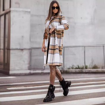 Fall Winter Fashion Brushed Mid-length Plaid Wool Coat