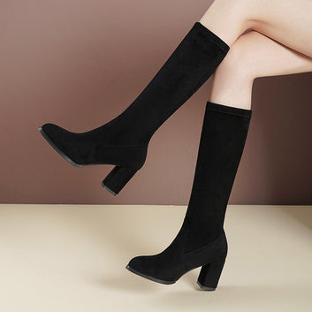 Below The Knee Boots Stretch Suede Pointed Toe