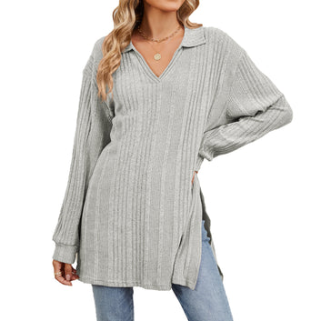 V-neck Long Sleeve Loose-fitting T-shirt Top