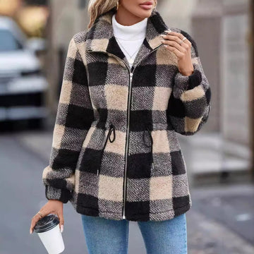 Plush Women's Clothing Jacket Long-sleeved Plaid Lapel