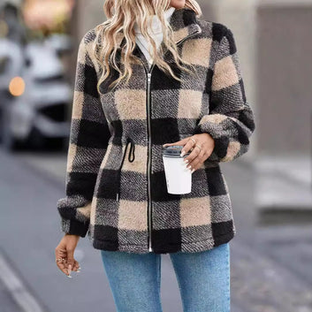 Plush Women's Clothing Jacket Long-sleeved Plaid Lapel