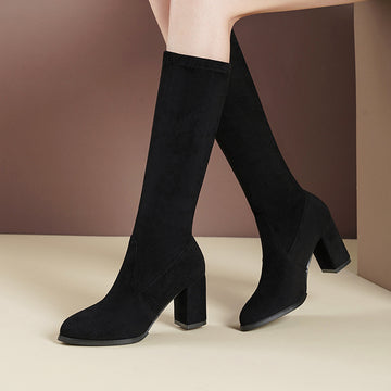 Below The Knee Boots Stretch Suede Pointed Toe