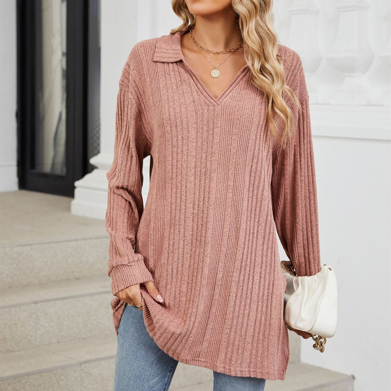 V-neck Long Sleeve Loose-fitting T-shirt Top