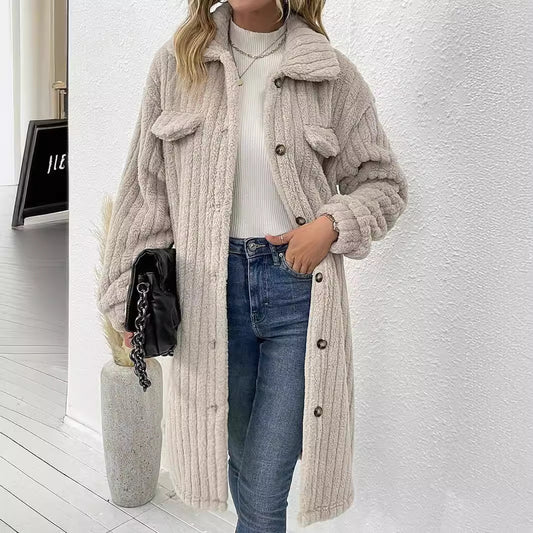 Plush Lapel Long-sleeved Woolen Coat Top