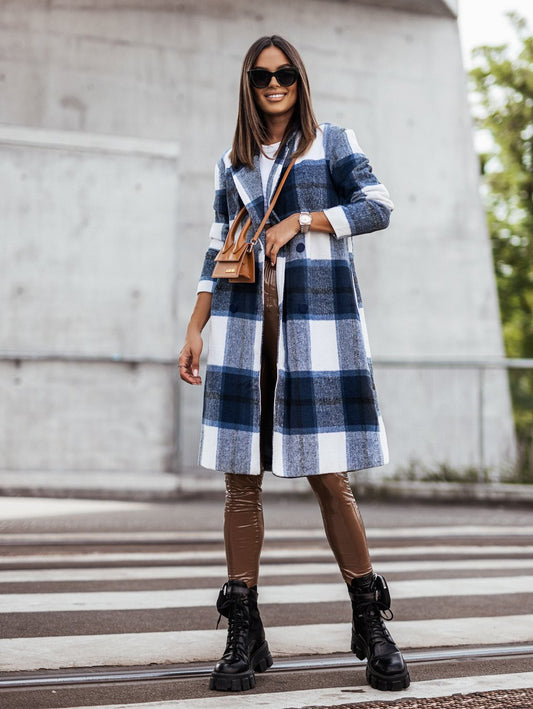 Fall Winter Fashion Brushed Mid-length Plaid Wool Coat