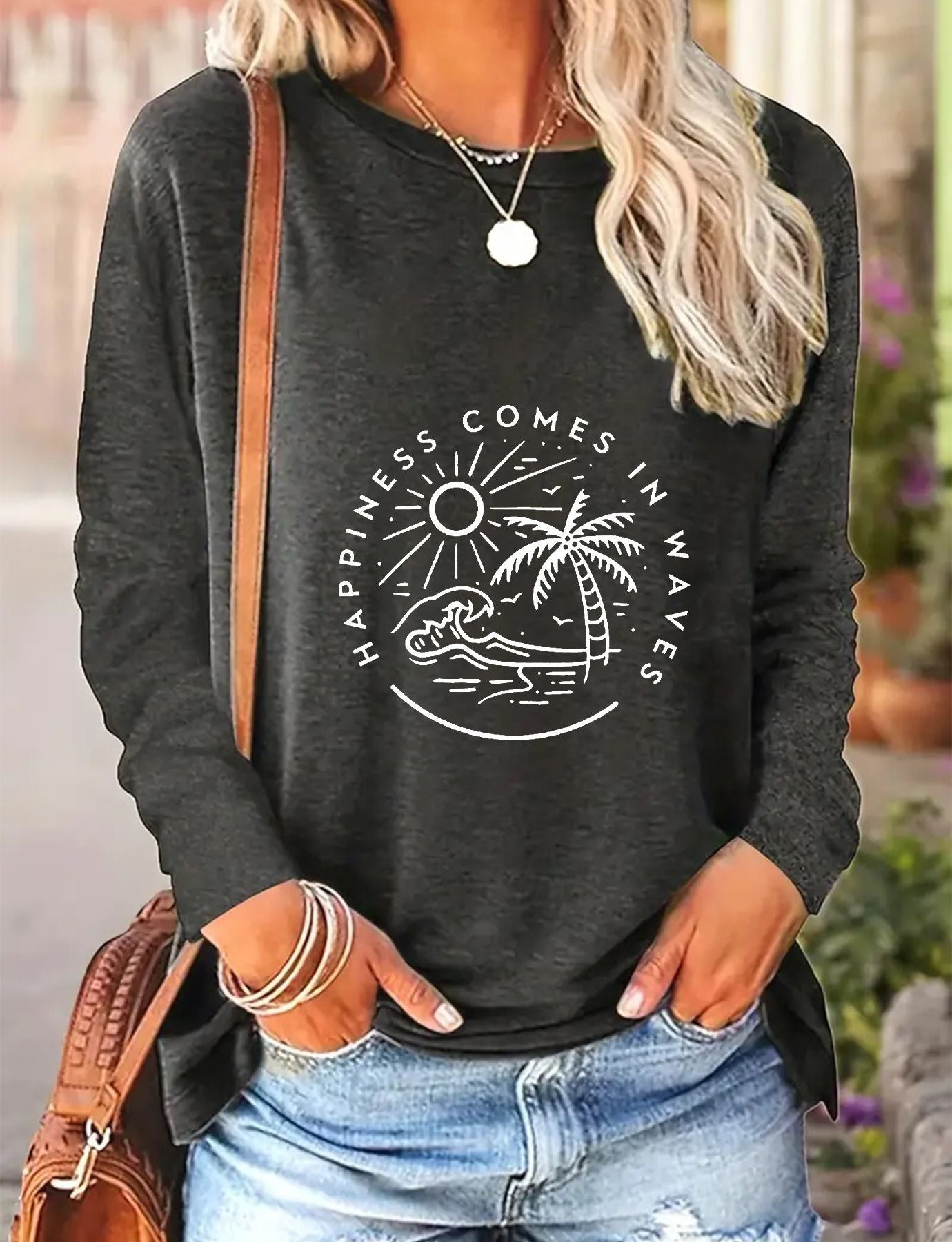 Casual Long-sleeved Happiness T-shirt